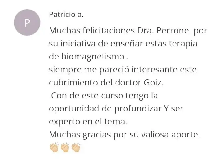 Testimonio de Patricio A. hablando positivamente sobre el curso Terapia con Imanes de Fabiana Perrone