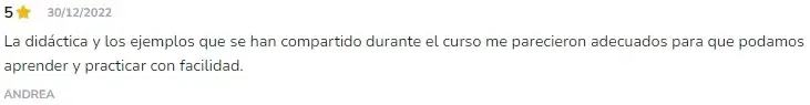 Opinión positiva de Andrea sobre el curso de Fabiana Perrone que promueve Transformación Personal y Sanación de Bloqueos Emocionales