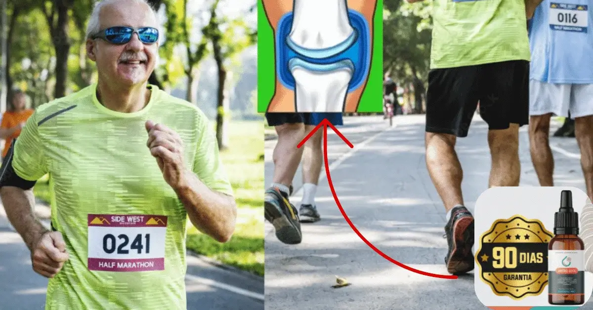 Homem idoso correndo em uma maratona ao lado de uma foto representando as articulações