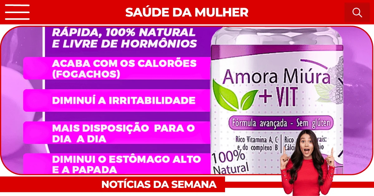 Mulher sorridente apontando para o produto Amora Miúra + VIT, suplemento natural para menopausa.