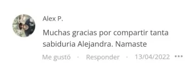 Opinión positiva de Alex P. agradeciendo a Alejandra Mansilla por el curso