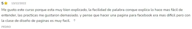 Depoimento de agradecimiento por Pedro que dijo: 'la facilidad de palabra conque explica lo hace mas fácil de entender'