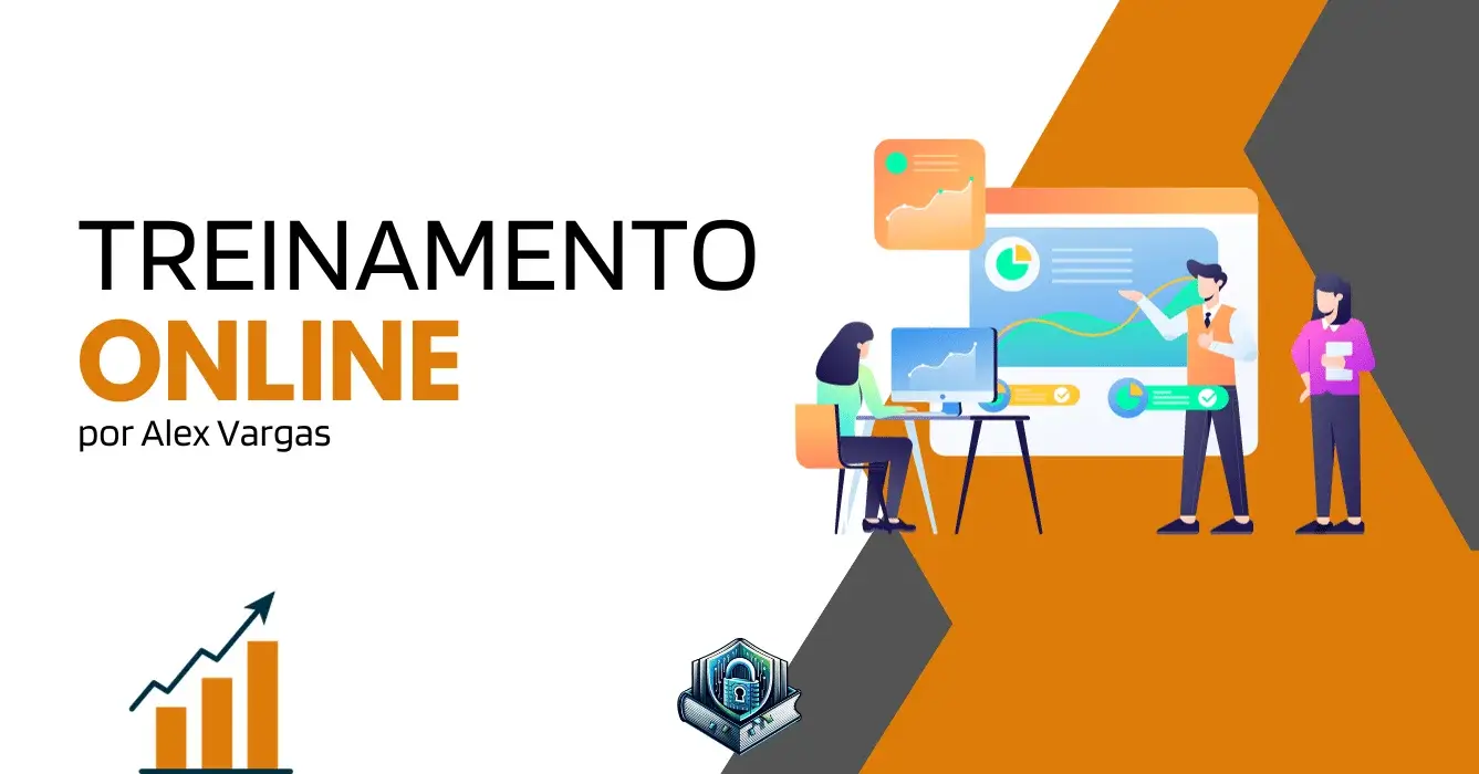 Escrito 'Treinamento Online por Alex Vargas' com uma imagem fictícia de uma equipe trabalhando e a logotipo Blog Compra Segura