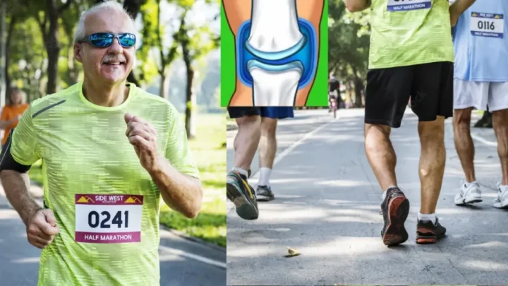 Homem idoso correndo em uma maratona ao lado de uma foto representando as articulações