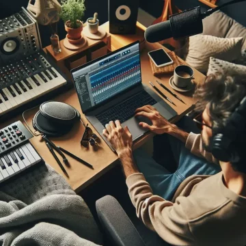 Hombre produciendo música en casa con software de DAW y equipo de audio